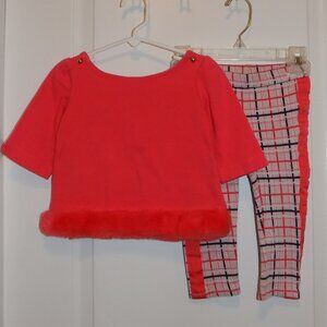 JANIE & JACK Girls CUE THE CORAL Faux Fur Knit Top Plaid Leggings Set 18-24 Rare